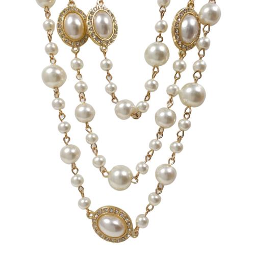 Plastic Pearl Necklace, with Tibetan Style, gold color plated, for woman & with rhinestone, Length:Approx 112 Inch, Sold By PC