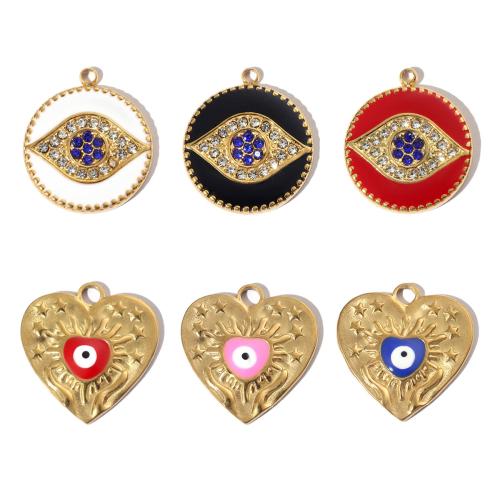 Stainless Steel Pendants, 304 Stainless Steel, Vacuum Ion Plating, Different Shape for Choice & DIY & evil eye pattern & enamel & with rhinestone, more colors for choice, 6PCs/Bag, Sold By Bag