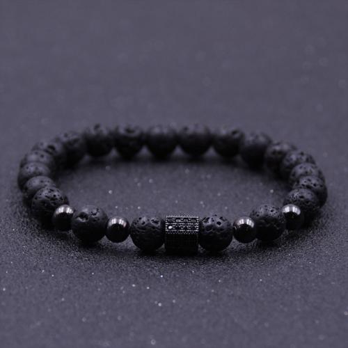 Bracelet cubique en laiton zircon pavent, avec lave volcanique, Placage, unisexe & pavé de micro zircon, plus de couleurs à choisir, protéger l'environnement, sans nickel, plomb et cadmium, 8mm, Longueur:15 cm, Vendu par PC