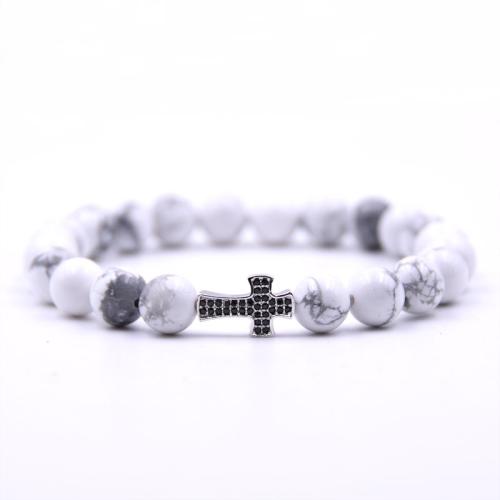 Befestiger Zirkonia Messing Armband, mit Naturstein, Kreuz, goldfarben plattiert, verschiedenen Materialien für die Wahl & unisex & Micro pave Zirkonia, keine, frei von Nickel, Blei & Kadmium, Länge:16 cm, verkauft von PC