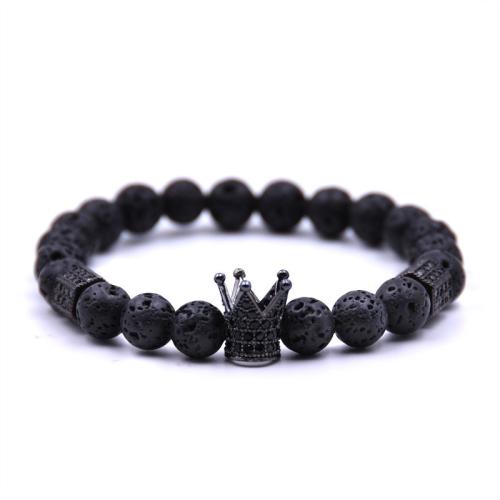 Bracelet cubique en laiton zircon pavent, avec lave volcanique, couronne, Placage, unisexe & pavé de micro zircon, plus de couleurs à choisir, protéger l'environnement, sans nickel, plomb et cadmium, Longueur:15 cm, Vendu par PC