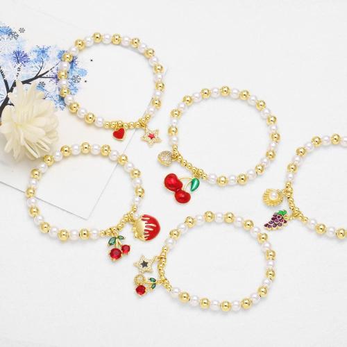 Cúbicos Circonia pulsera Latón Micro pavimenta, metal, con Perlas plásticas, chapado en color dorado, Joyería & diferentes patrones para la opción & micro arcilla de zirconia cúbica & esmalte, más colores para la opción, libre de níquel, plomo & cadmio, Vendido por UD