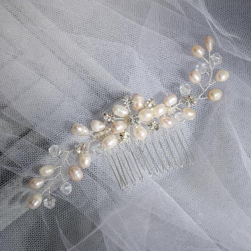 Decorative Hair Combs, Freshwater Pearl, with brass wire & Crystal, handmade, fashion jewelry & for woman & with rhinestone, silver color, Sold By PC