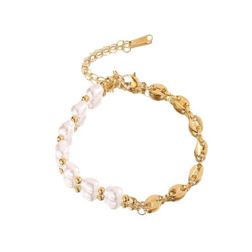 Stainless Steel Jewelry Bracelet, 304 Stainless Steel, with Plastic Pearl, with 5cm extender chain, plated, fashion jewelry & for woman, golden, Length:17 cm, Sold By PC