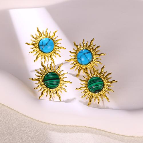 Stainless Steel Stud Earrings, 304 Stainless Steel, with turquoise, Flower, 18K gold plated, fashion jewelry & for woman, more colors for choice, Sold By Pair