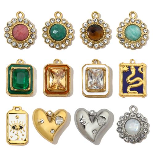 Stainless Steel Pendants, 304 Stainless Steel, with Gemstone, Vacuum Ion Plating, Different Shape for Choice & DIY & enamel & with rhinestone, more colors for choice, 6PCs/Bag, Sold By Bag