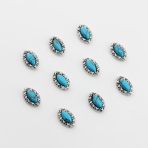 Bijoux cabochons en alliage de zinc, avec turquoise, oeil de cheval, Plaqué de couleur d'argent, DIY, protéger l'environnement, sans nickel, plomb et cadmium, 6x9mm, Environ 100PC/sac, Vendu par sac