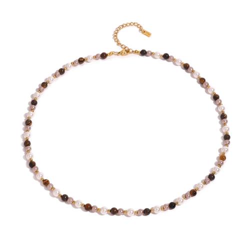 Stainless Steel Jewelry Necklace, 304 Stainless Steel, with Tiger Eye & Glass Pearl, with 1.96 Inch extender chain, plated, fashion jewelry & for woman, Length:16.53 Inch, Sold By PC