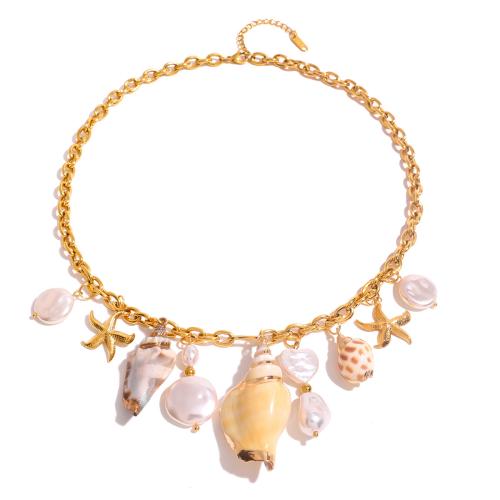 Collier de bijoux en acier inoxydable, Acier inoxydable 304, avec coquille de trompette & perle de plastique, avec 1.96 Inch chaînes de rallonge, Placage, bijoux de mode & pour femme, doré, Longueur:17.7 pouce, Vendu par PC