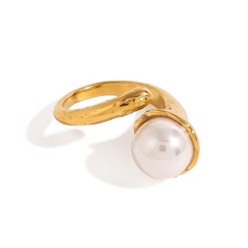 Stainless Steel Finger Ring, 304 Stainless Steel, with Glass Pearl, plated, fashion jewelry & for woman, golden, Sold By PC