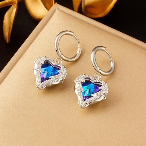 Titanium Steel  Earring, Heart, plated, fashion jewelry & for woman & with rhinestone, original color, 30mm, Sold By Pair