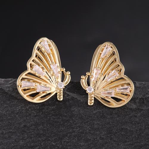 Boucles d'oreilles en laiton zircon cubique pavent, papillon, Placage, bijoux de mode & pavé de micro zircon & pour femme, doré, Vendu par paire