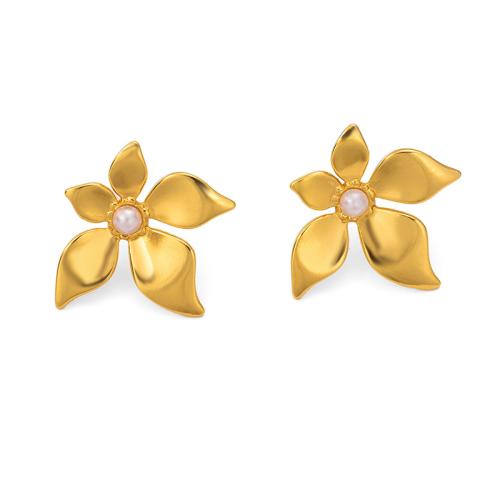 Stainless Steel Stud Earrings, 304 Stainless Steel, with Plastic Pearl, Flower, 18K gold plated, fashion jewelry & for woman, Sold By Pair