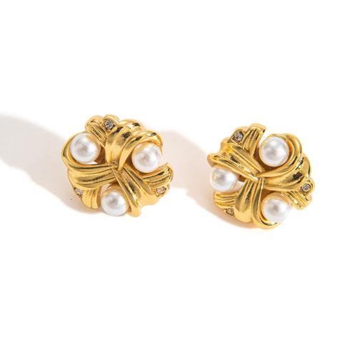 Stainless Steel Stud Earrings, 304 Stainless Steel, with Plastic Pearl, plated, fashion jewelry & for woman & with rhinestone, golden, Sold By Pair