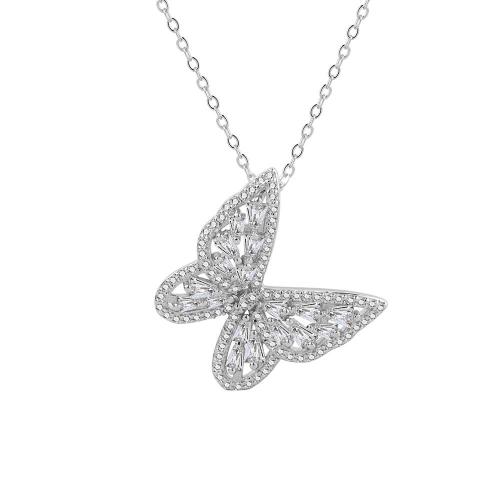 925 Sterling Silver Necklace, Butterfly, platinum plated, cross chain & for woman & with rhinestone, Length:Approx 15.7 Inch, Sold By PC