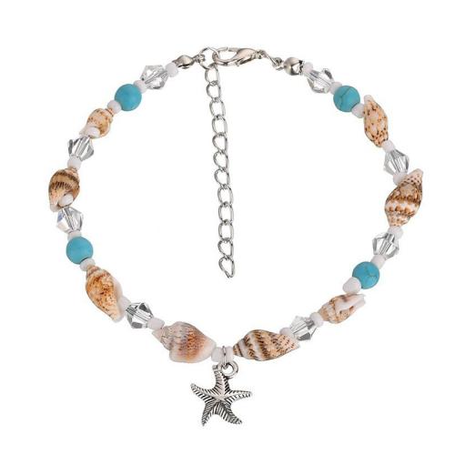 verre bracelet de cheville, avec coquille & alliage de zinc, étoile de mer, Style bohème & pour femme, plus de couleurs à choisir, Longueur:Environ 9 pouce, Vendu par PC