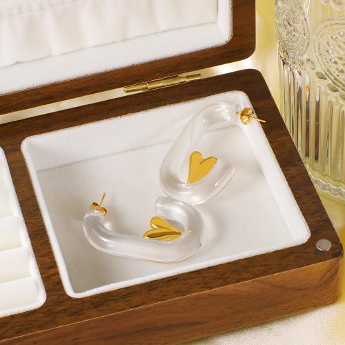 Stainless Steel Stud Earrings, 304 Stainless Steel, with Resin, Heart, gold color plated, for woman, Sold By Pair