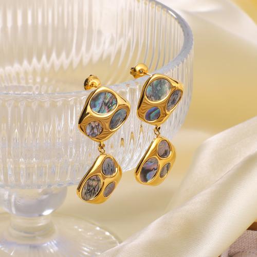 Stainless Steel Drop Earring, 304 Stainless Steel, with Black Shell, irregular, gold color plated, for woman, Sold By Pair