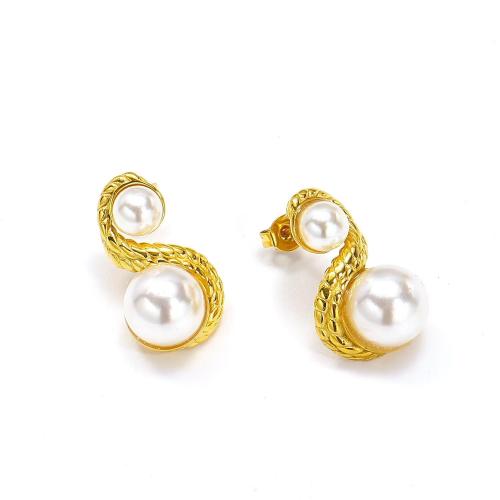 Stainless Steel Stud Earrings, 304 Stainless Steel, with Shell Pearl, plated, fashion jewelry & for woman, golden, Sold By Pair