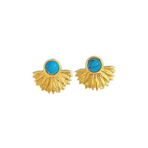 Boucle d'oreille de gaujon en acier inoxydable, Acier inoxydable 304, avec turquoise, fleur, Plaqué or 18K, bijoux de mode & pour femme, Vendu par paire