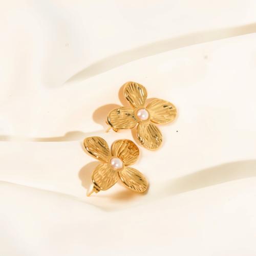 Stainless Steel Stud Earrings, 304 Stainless Steel, with Plastic Pearl, Flower, plated, fashion jewelry & for woman, golden, Sold By Pair