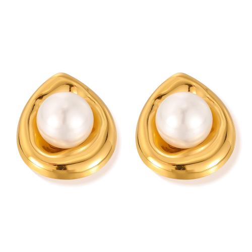 Stainless Steel Stud Earrings, 304 Stainless Steel, with Plastic Pearl, plated, fashion jewelry & for woman, golden, Sold By Pair