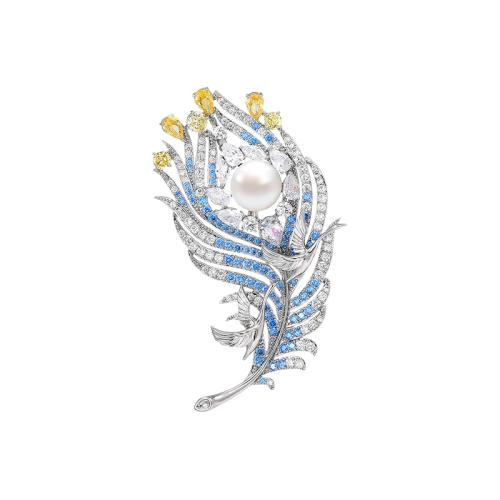 Broche bijoux de mode, laiton, avec perle d'eau douce cultivée, Placage, pavé de micro zircon & pour femme, argent, 37x71mm, Vendu par PC