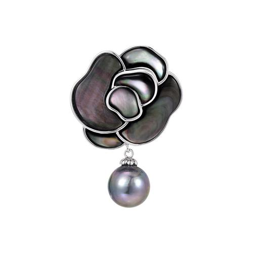 Fashion Brooch Jewelry, Brass, with Shell Pearl & Shell, plated, fashion jewelry & for woman, silver color, 43x29mm, Sold By PC