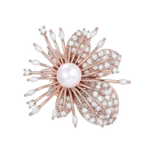 Fashion Brooch Jewelry, Brass, with Shell Pearl, plated, micro pave cubic zirconia & for woman, rose gold color, 28x30mm, Sold By PC