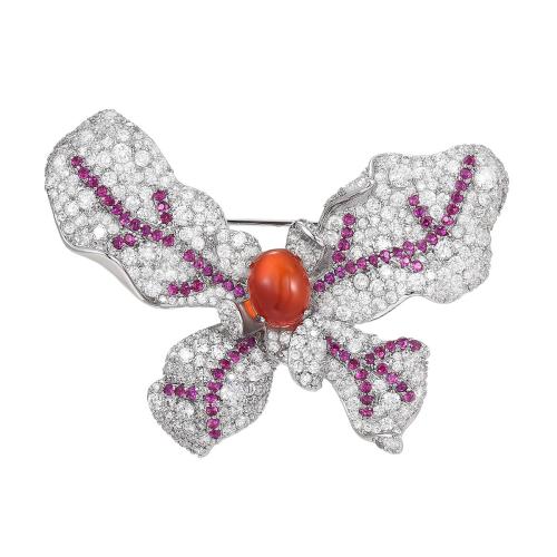 Fashion Brooch Jewelry, Brass, with Red Agate, plated, micro pave cubic zirconia & for woman, silver color, 40x60mm, Sold By PC