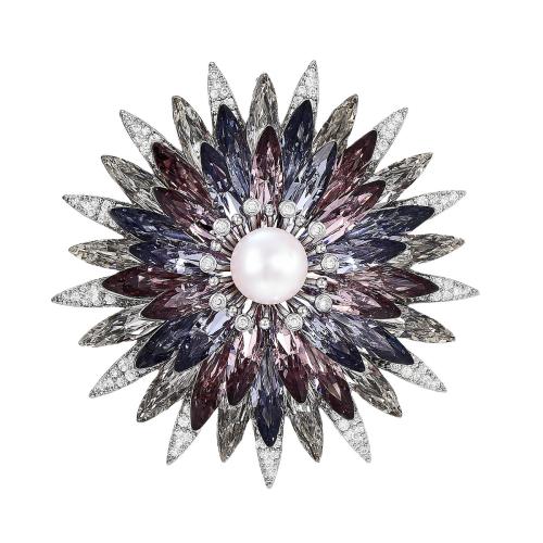 Fashion Brooch Jewelry, Brass, with Austrian Crystal & Freshwater Pearl, plated, micro pave cubic zirconia & for woman, silver color, 54x54mm, Sold By PC