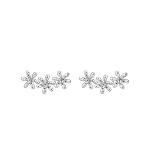 925 Sterling Silver Stud Earring, Flower, for woman & with rhinestone, silver color, 11.50x5.30mm, Sold By Pair