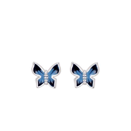 925 Sterling Silver Stud Earring, Butterfly, for woman & enamel, 5.80x5.30mm, Sold By Pair