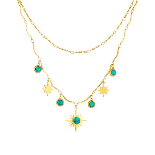 Stainless Steel Jewelry Necklace, 304 Stainless Steel, with turquoise, with 2.16 Inch extender chain, plated, Double Layer & fashion jewelry & for woman, golden, Length:15.75 Inch, Sold By PC