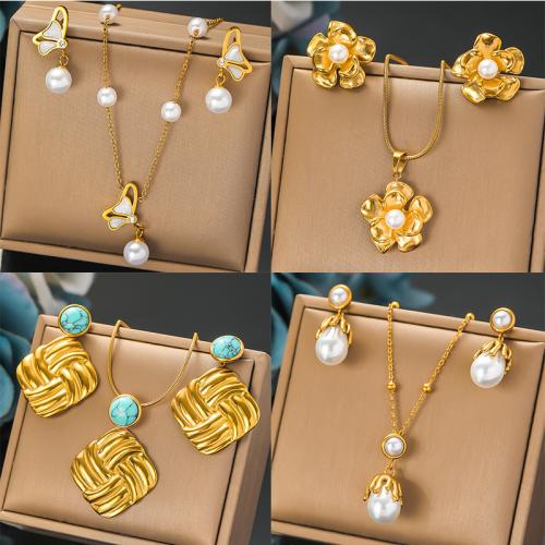 Fashion Stainless Steel Jewelry Sets, Stud Earring & necklace, 304 Stainless Steel, with Plastic Pearl, plated, 2 pieces & different styles for choice & for woman, golden, Sold By Set