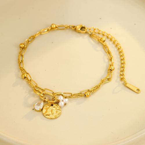 Pulsera de Acero Inoxidable, acero inoxidable 304, con Cuentas de vidrio, 18K chapado en oro, Doble capa & micro arcilla de zirconia cúbica & para mujer, Vendido por UD