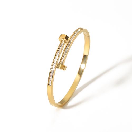 Stainless Steel Bangle, 304 Stainless Steel, 18K gold plated, fashion jewelry & for woman & with rhinestone, Sold By PC