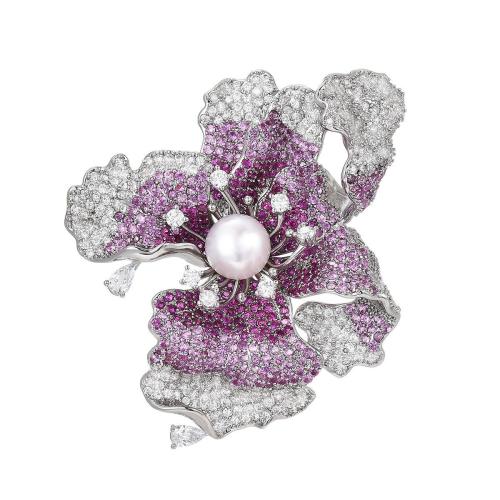 Broche zircon, laiton, avec perle d'eau douce cultivée, Placage, pavé de micro zircon & pour femme, argent, 48x50mm, Vendu par PC