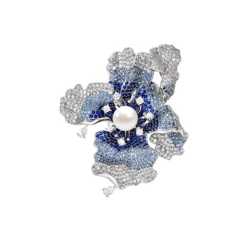 Cubic Zirconia Brooch, Brass, with Freshwater Pearl, plated, micro pave cubic zirconia & for woman, silver color, 48x52mm, Sold By PC