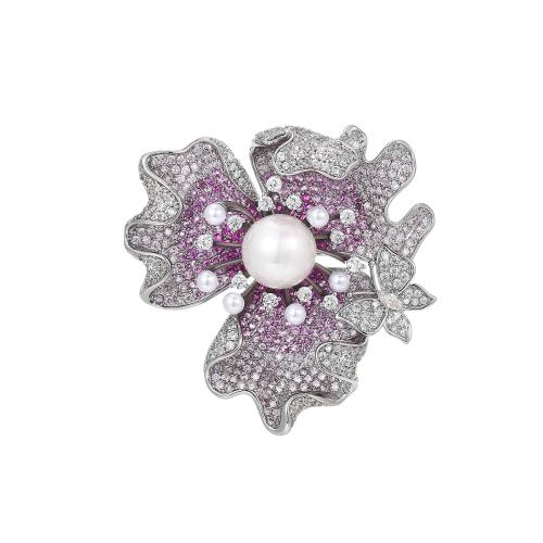 Cubic Zirconia Brooch, Brass, with Shell Pearl, plated, micro pave cubic zirconia & for woman, silver color, 41x42mm, Sold By PC