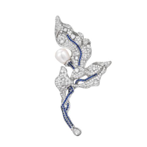 Cubic Zirconia Brooch, Brass, with Freshwater Pearl, micro pave cubic zirconia & for woman, silver color, 68x32mm, Sold By PC