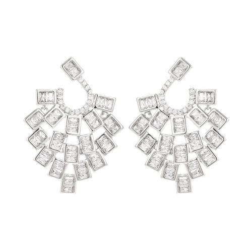 Boucles d'oreilles en laiton zircon cubique pavent, pavé de micro zircon & pour femme, argent, 25x35mm, Vendu par paire