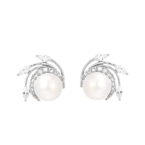 Boucles d'oreilles en laiton zircon cubique pavent, avec Shell Pearl, Placage, pavé de micro zircon & pour femme, argent, 15x14mm, Vendu par paire