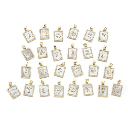 Bijoux pendentifs en laiton, avec coquille blanche, rectangle, Plaqué or 18K, DIY & styles différents pour le choix & avec le motif de lettre & avec strass, Vendu par PC