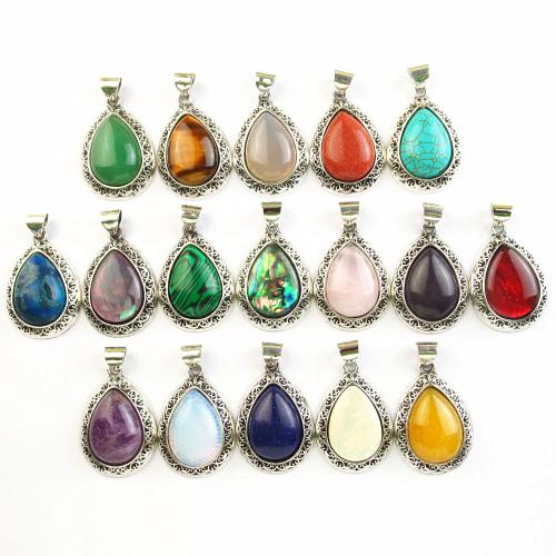 Gemstone Pendants Jewelry, Tibetan Style, with Natural Stone, Teardrop, silver color plated, DIY & different materials for choice, more colors for choice, nickel, lead & cadmium free, 28x38mm, Sold By PC