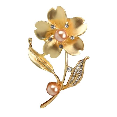 Tibetan Style Brooches, with Plastic Pearl, Flower, plated, for woman & with rhinestone & hollow, 65x32mm, Sold By PC