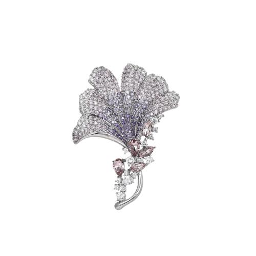 Broche bijoux de mode, laiton, Placage, pavé de micro zircon & pour femme, argent, 51x39mm, Vendu par PC