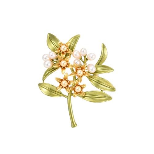 Fashion Brooch Jewelry, Brass, with Freshwater Pearl, plated, for woman & enamel, golden, 58x46mm, Sold By PC