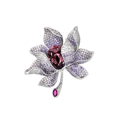 Crystal Brooch, Brass, with Austrian Crystal, plated, micro pave cubic zirconia & for woman, silver color, 52x52mm, Sold By PC