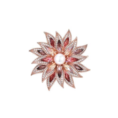 Crystal Brooch, Brass, with Austrian Crystal & Freshwater Pearl, plated, micro pave cubic zirconia & for woman, rose gold color, 54x54mm, Sold By PC